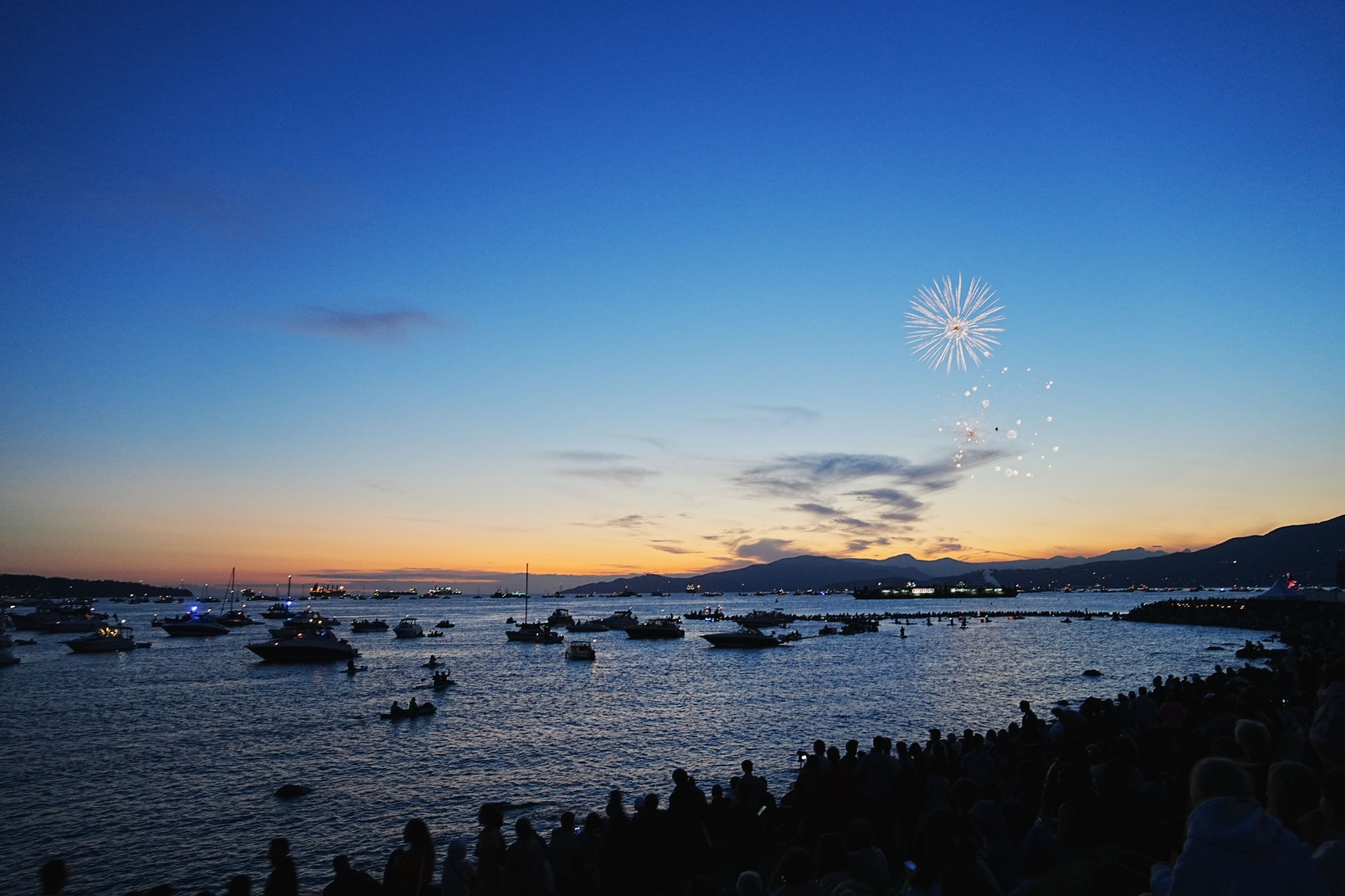 Fireworks over Bayview Bay at dusk